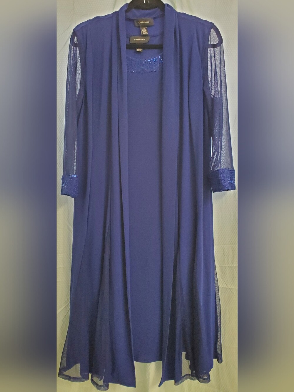 R & M Richards Two Piece Indigo Blue Embellished Sequin Long Sleeve Dress. NWOT